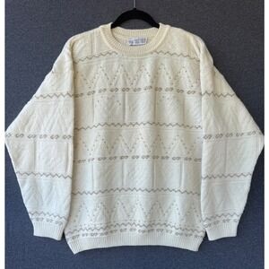 Together! Vintage Cream Wool Blend Beaded Gold Metallic Knit Sweater Women 42/44